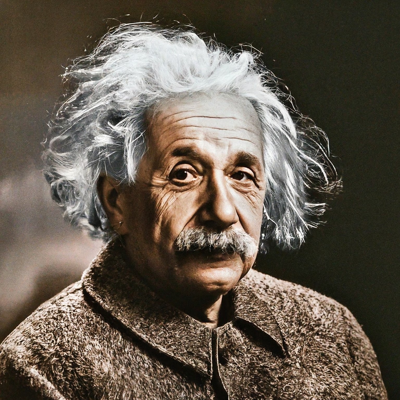 Albert Einstein con giacca marrone su sfondo nero