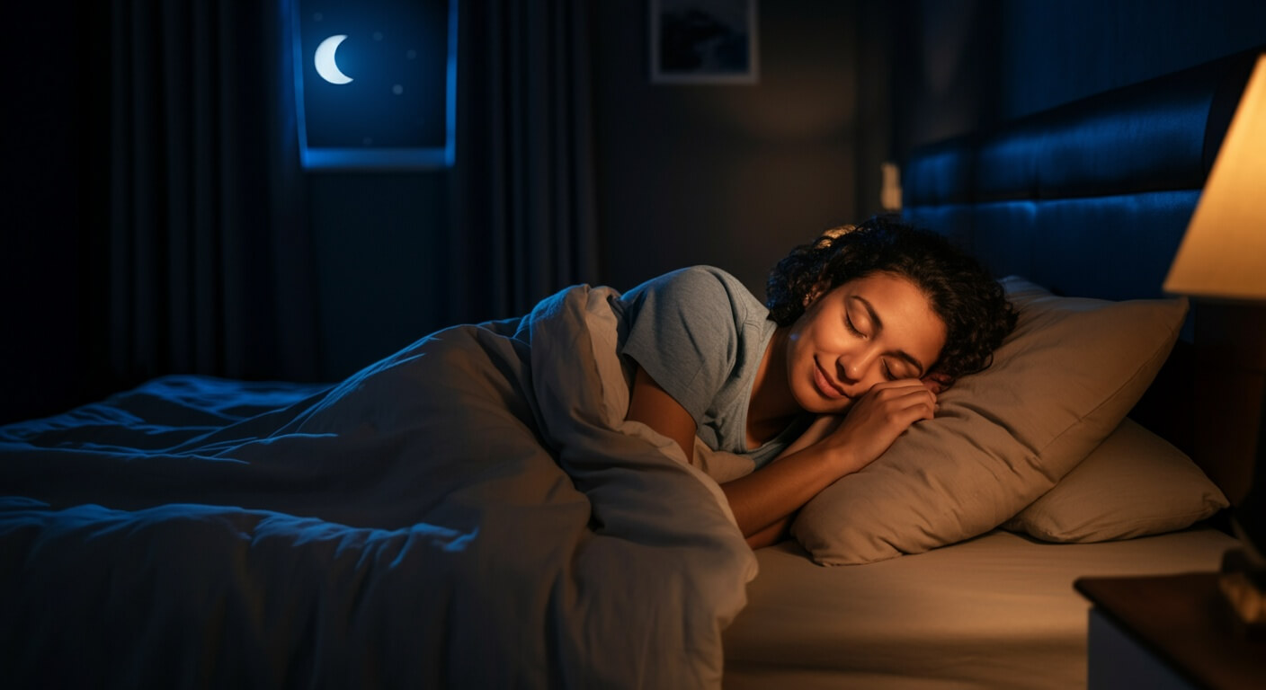 donna dorme a letto con luna alla finestra