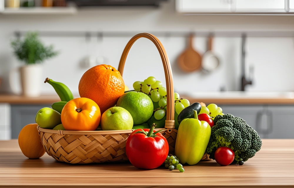 frutta e verdura in un cesto di vimini