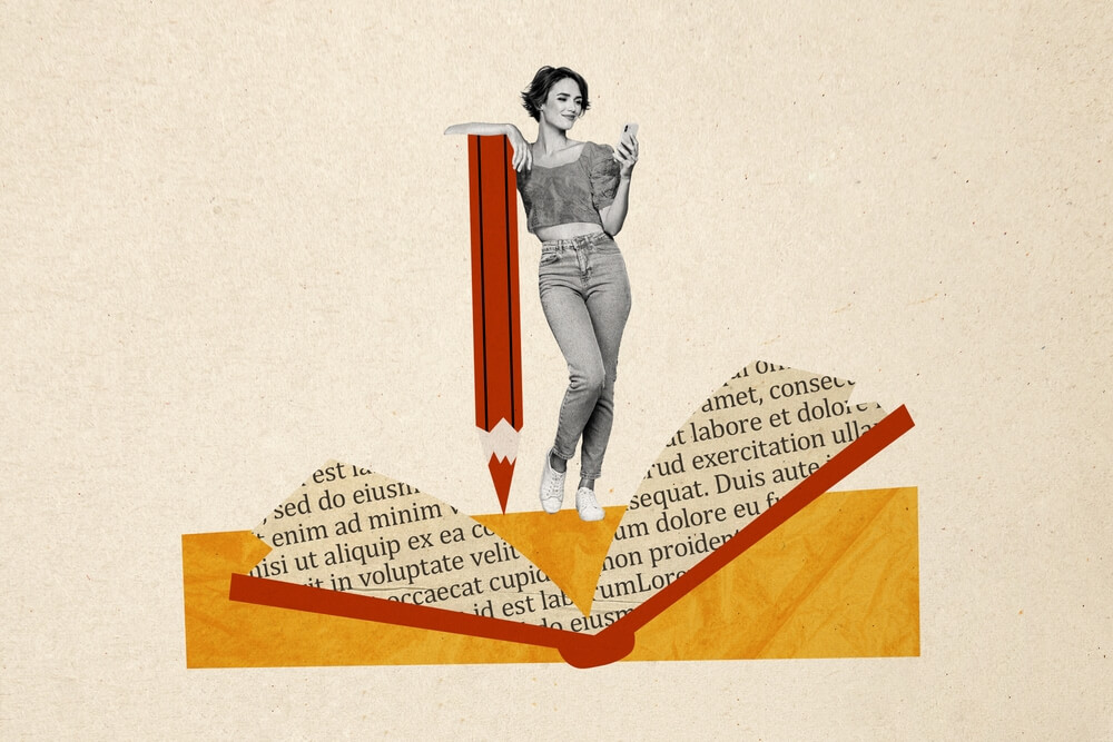 collage con figura di ragazza alla moda e libro aperto
