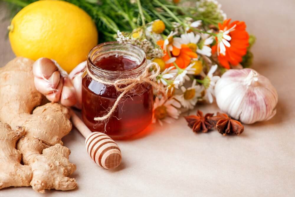 erbe, fiori, zenzero, miele, anice, limone e aglio per rappresentare etnomedicina