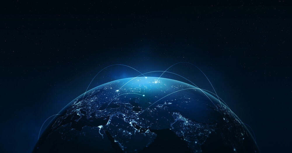La terra vista a distanza con connessioni internet sulla superficie