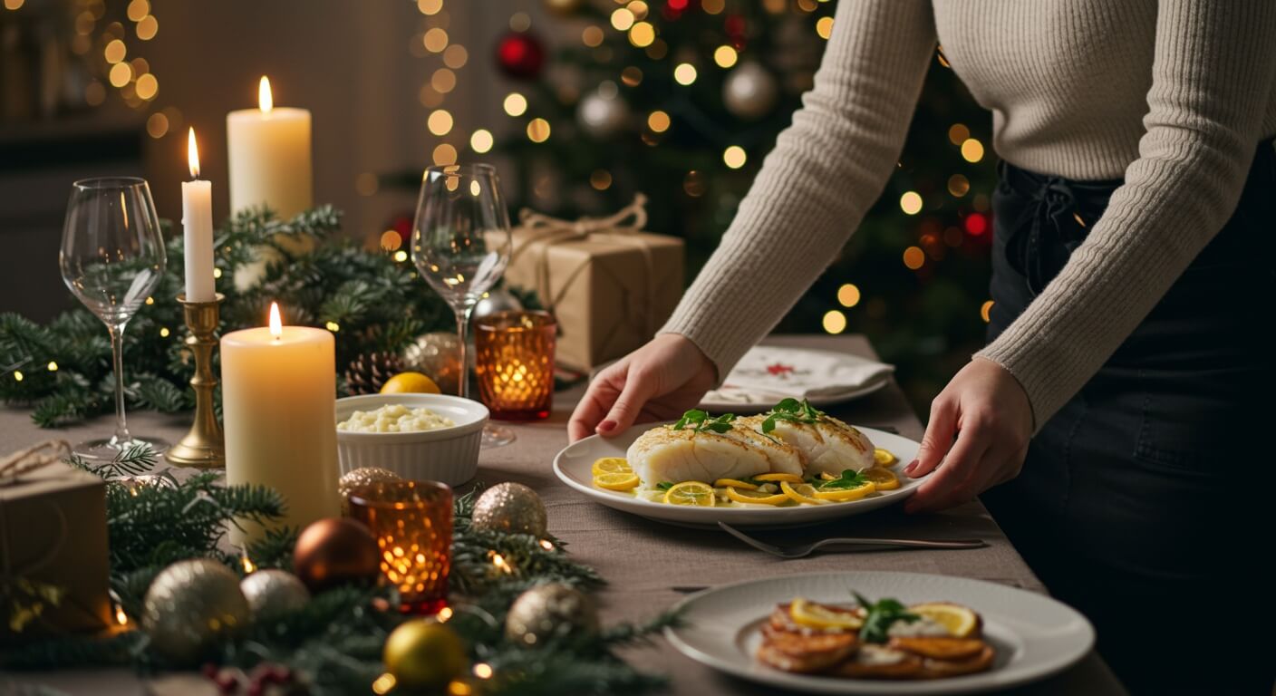 Donna apparecchia la tavola del cenone di Natale