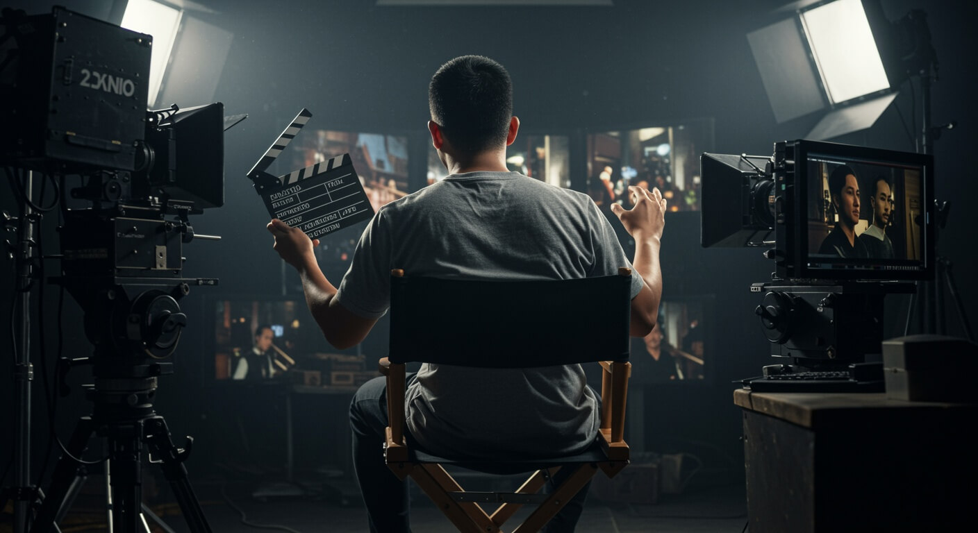 An,Angry,Malay,Man,,Sitting,On,A,Director’s,Chair,,Multiple Regista di spalle sulla sua tipica sedia con ciak in mano