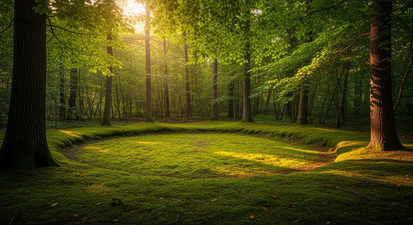 bosco verde con sole che filtra dagli alberi