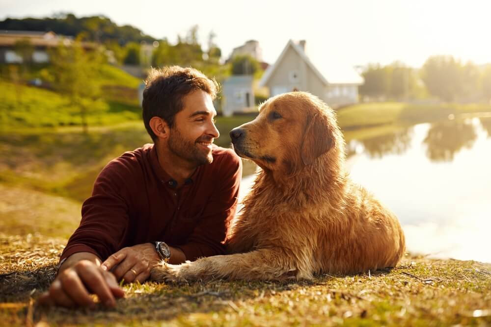 Un uomo si rilassa col suo cane sull'erba