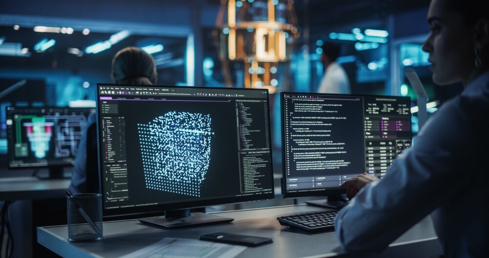 Sviluppatrice donna che utilizza un computer desktop in un ufficio scientifico