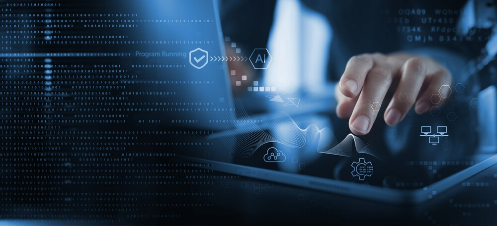 Ai,Artificial,Intelligence,,Machine,Learning,,Big,Data,Analysis,And,Automation Ingegneria Informatica ologrammi e mano in primo piano che digita su laptop