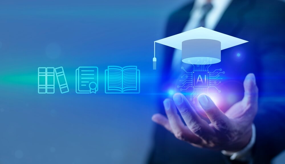 Mano umana interagisce virtualmente con icone dell'intelligenza artificiale