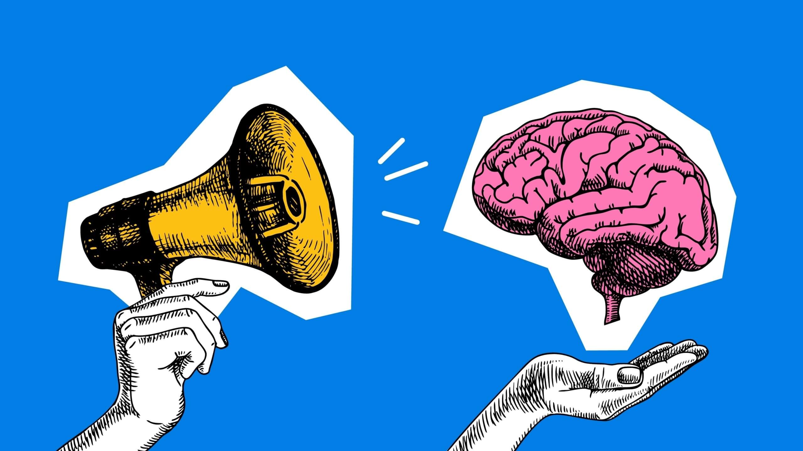 Raffigurazione in stile pop art vettoriale di megafono e cervello umano per rappresentare il concetto di strategie di comunicazione
