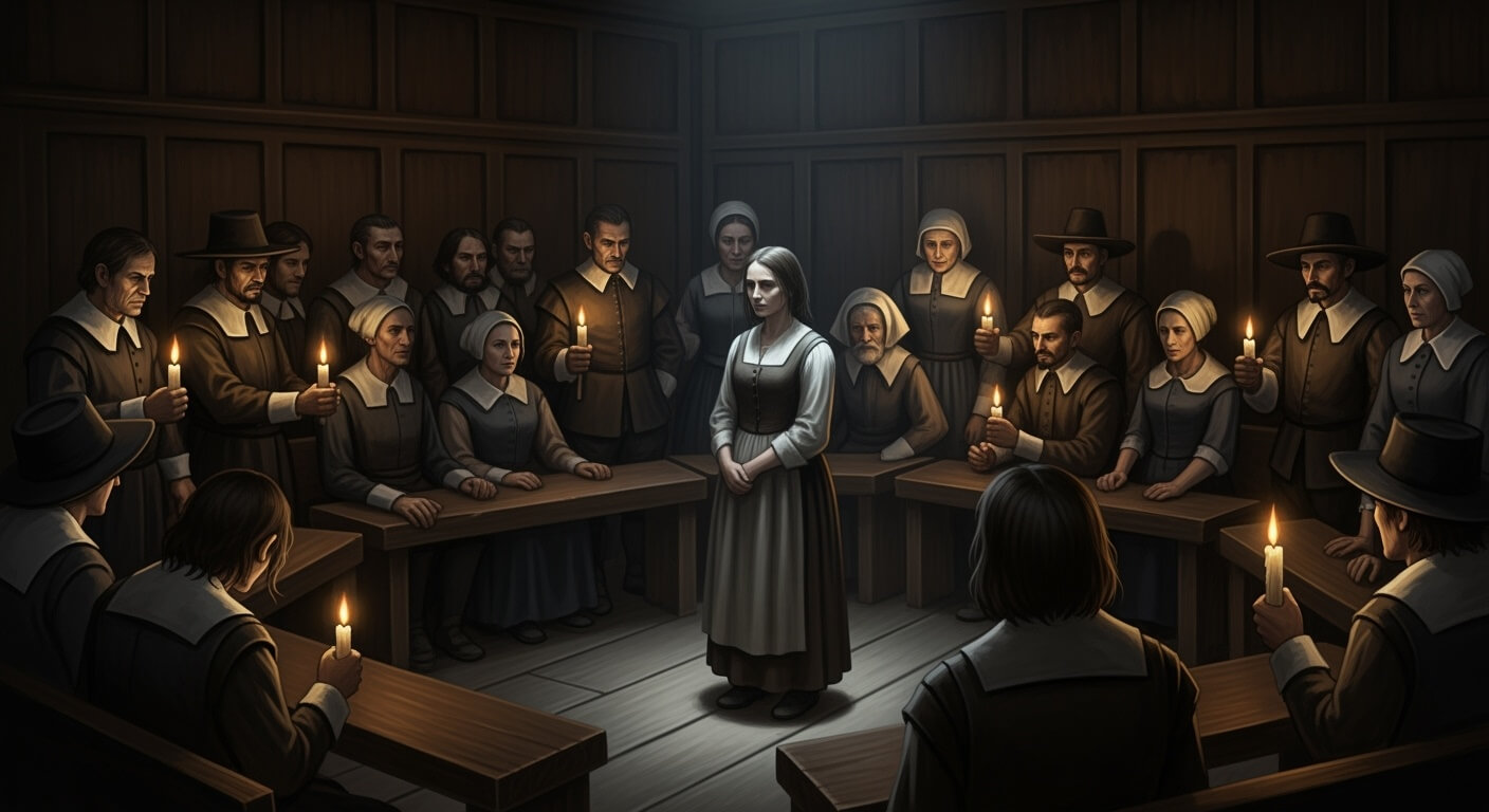 Moody,Historical,Illustration,Of,17th-century,Salem,Witch,Trial,Atmosphere.,A Donna inquisita durante periodo della caccia alle streghe
